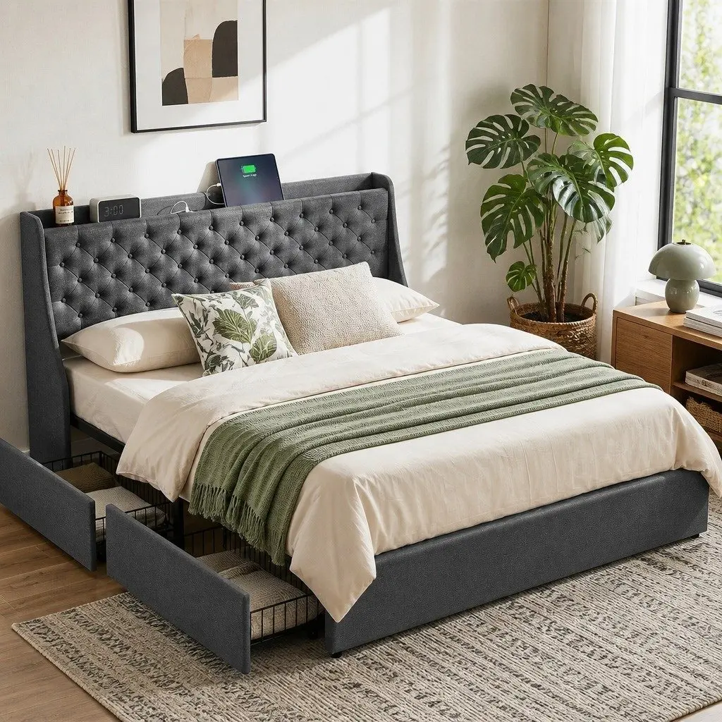 King Bed Frame with Storage Drawers and USB Hub