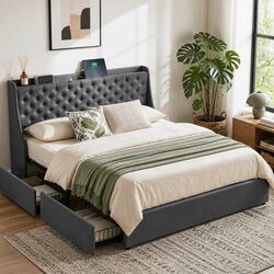 King Bed Frame with 4 Storage Drawers Tufted Wingback Upholstered Bedroom
