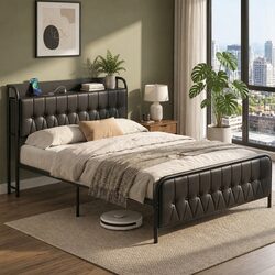 Double Bed Frame with Storage Headboard Charging Station Black Upholstered