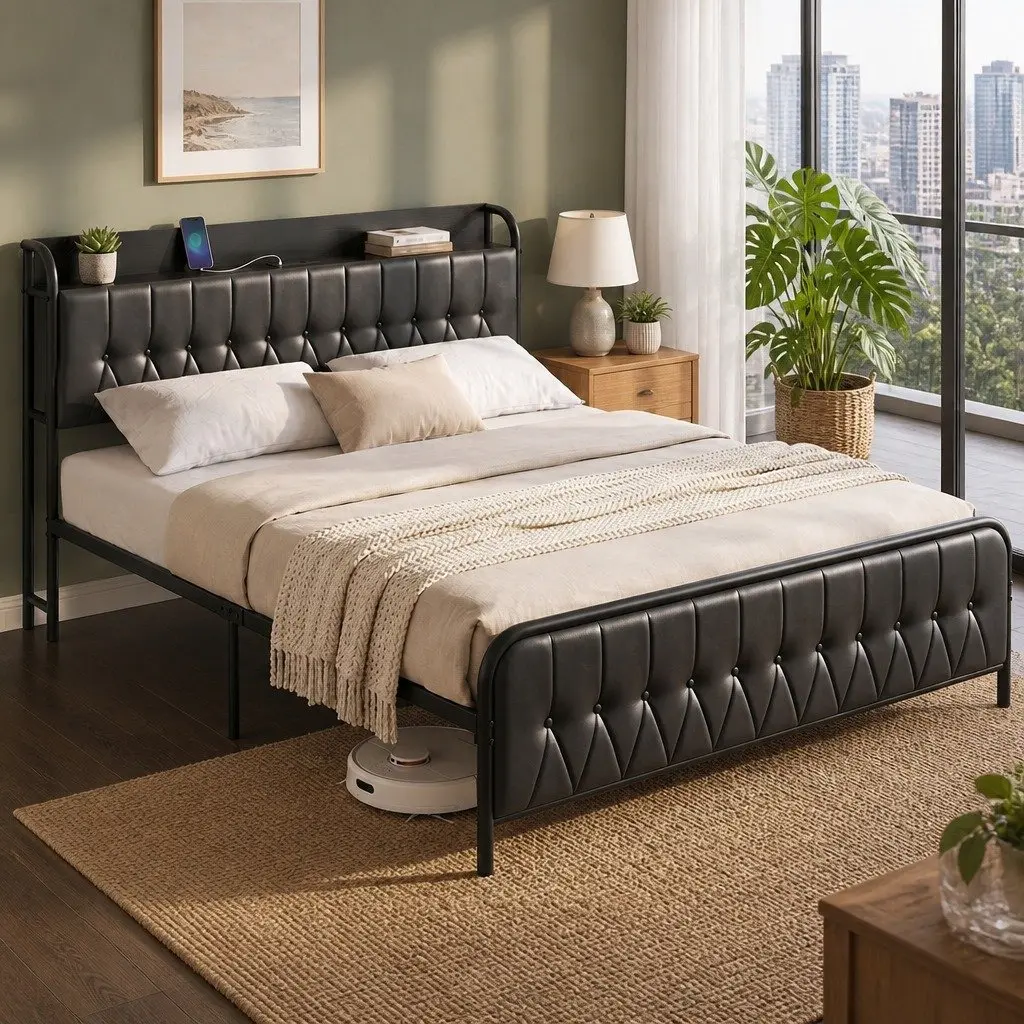 Black King Bed Frame with Storage and Charging