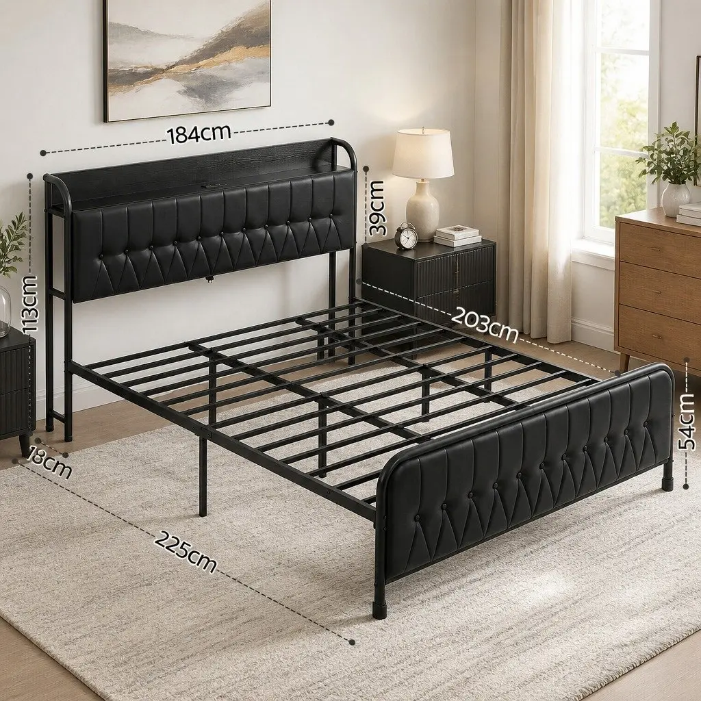 Black King Bed Frame with Storage and Charging
