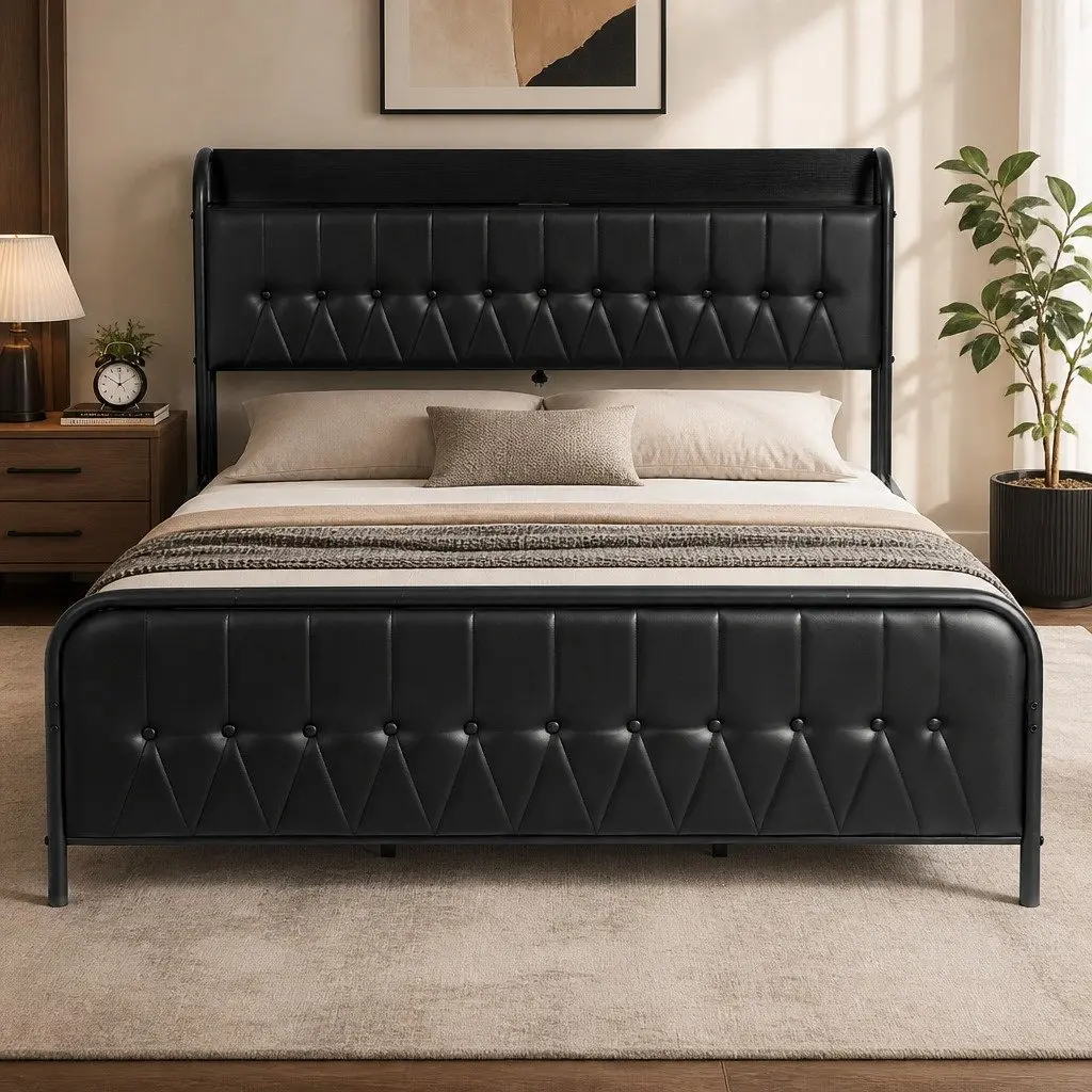 Black King Bed Frame with Storage and Charging