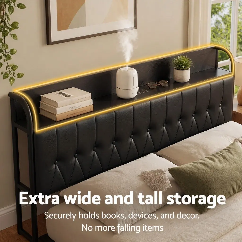 Black King Bed Frame with Storage and Charging