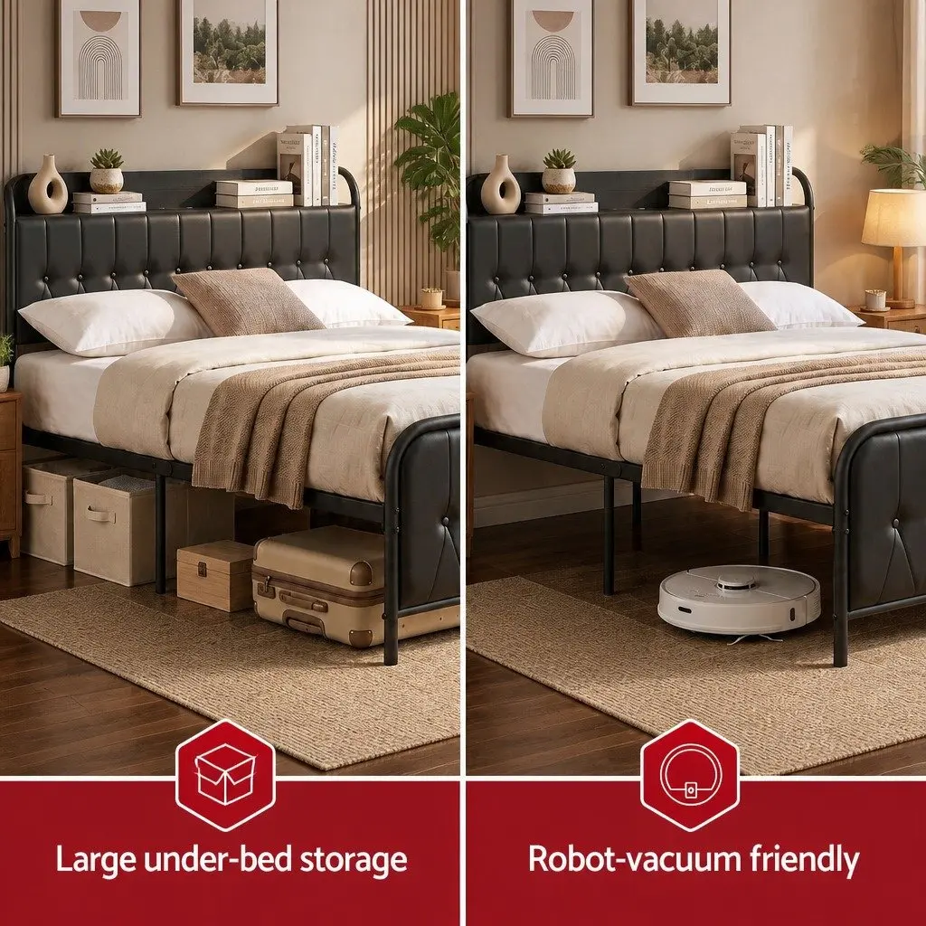 Black King Bed Frame with Storage and Charging
