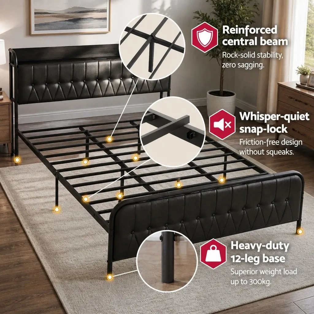 Black King Bed Frame with Storage and Charging