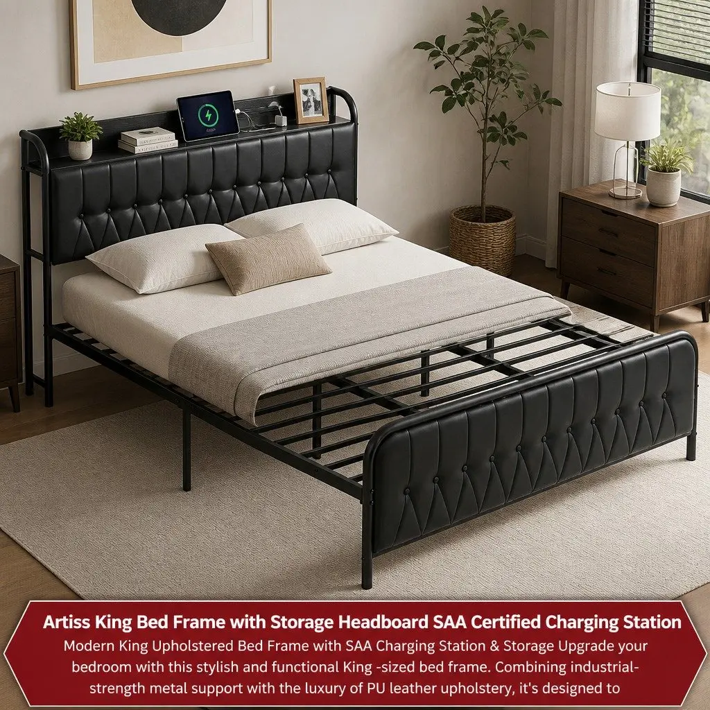 Black King Bed Frame with Storage and Charging