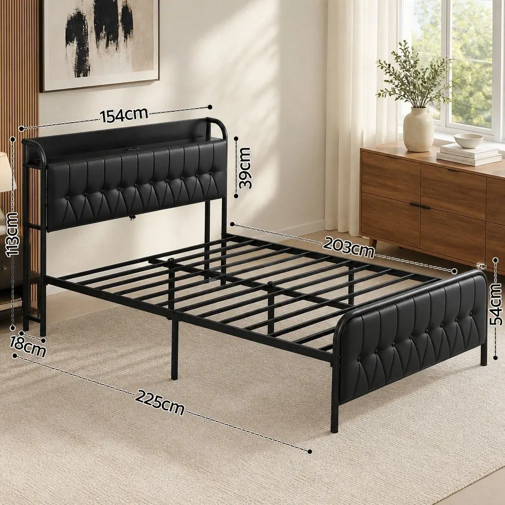 Queen Bed Frame PU Leather Metal 154W x 225L x 113H cm Black