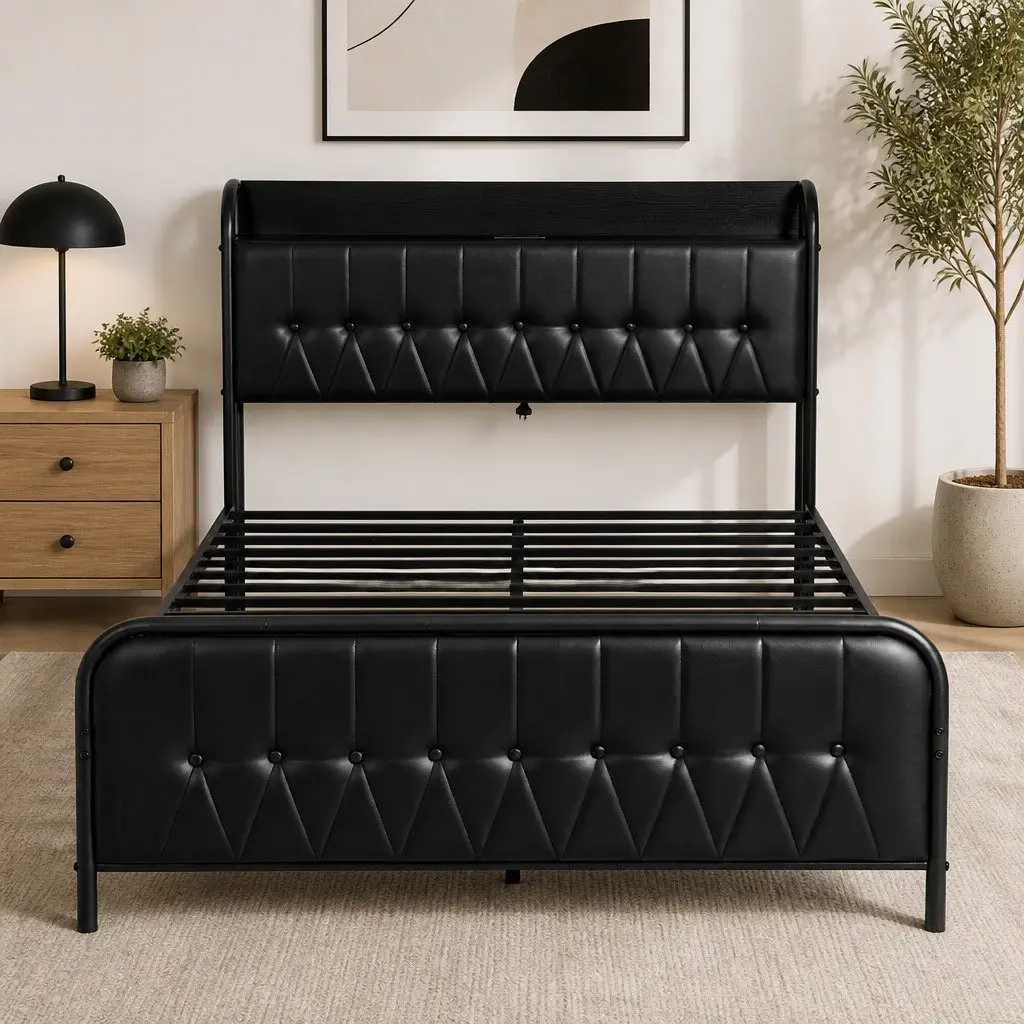 Queen Bed Frame PU Leather Metal 154W x 225L x 113H cm Black