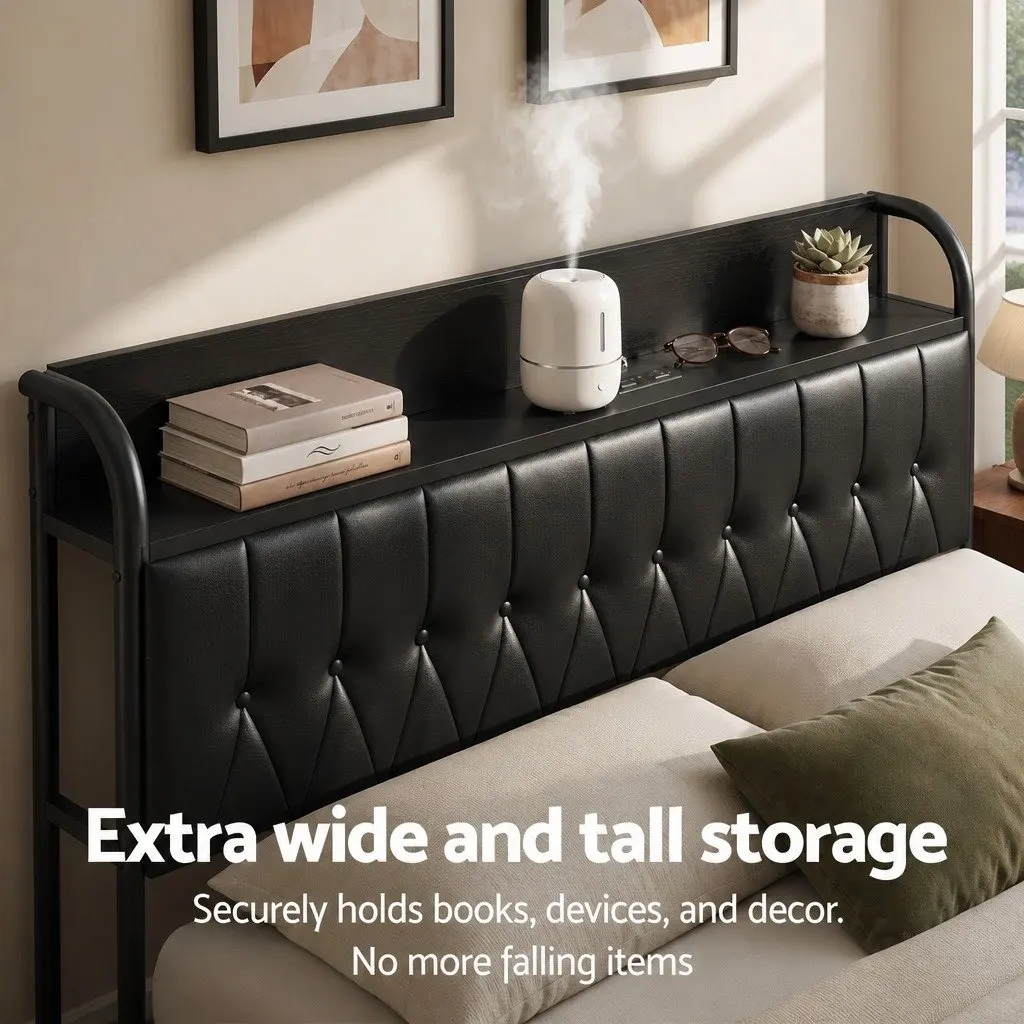 Queen Bed Frame PU Leather Metal 154W x 225L x 113H cm Black