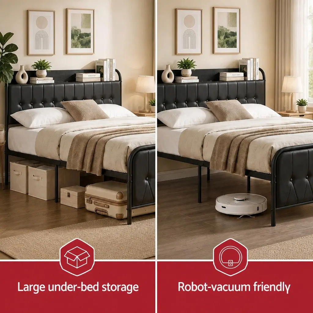 Queen Bed Frame PU Leather Metal 154W x 225L x 113H cm Black