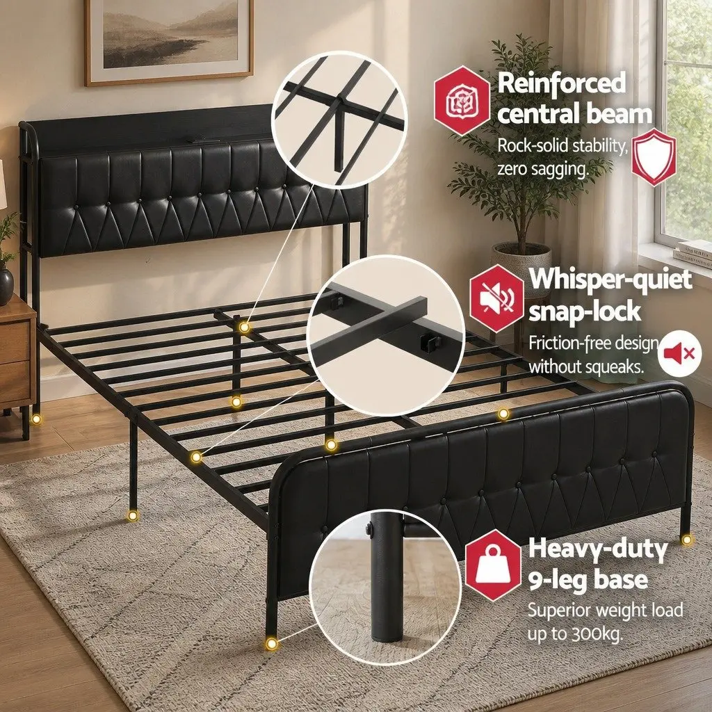 Queen Bed Frame PU Leather Metal 154W x 225L x 113H cm Black