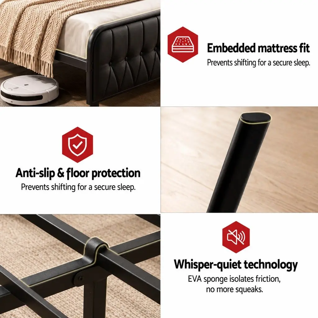 Queen Bed Frame PU Leather Metal 154W x 225L x 113H cm Black