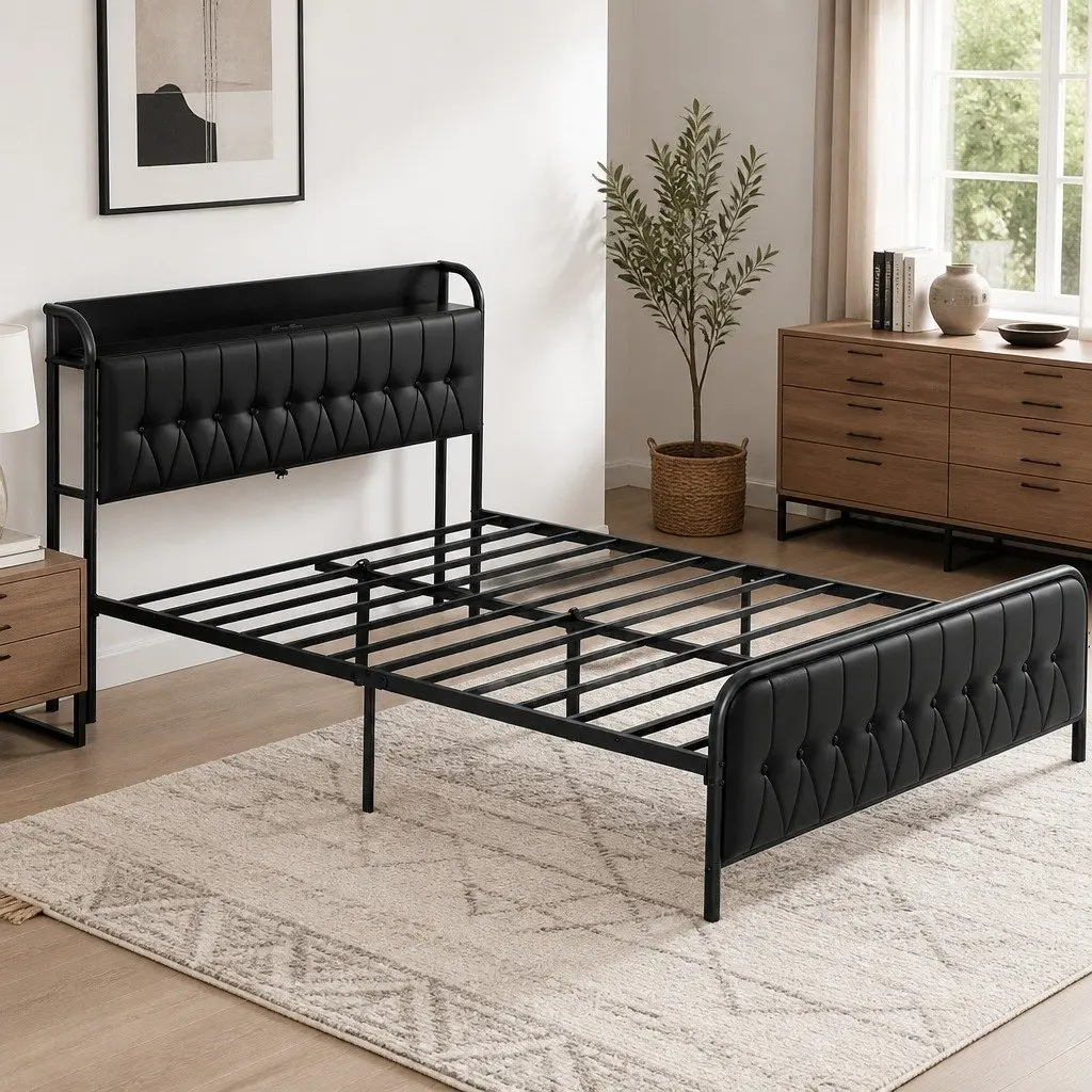 Queen Bed Frame PU Leather Metal 154W x 225L x 113H cm Black