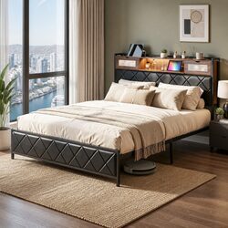 Sturdy King Bed Frame with LED Lights and Charging Headboard