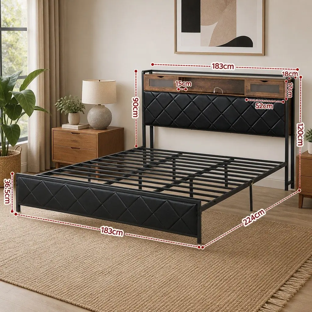 King Bed Frame with LED Lights and Charging Headboard