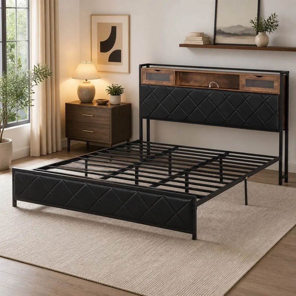 King Bed Frame with LED Lights and Charging Headboard