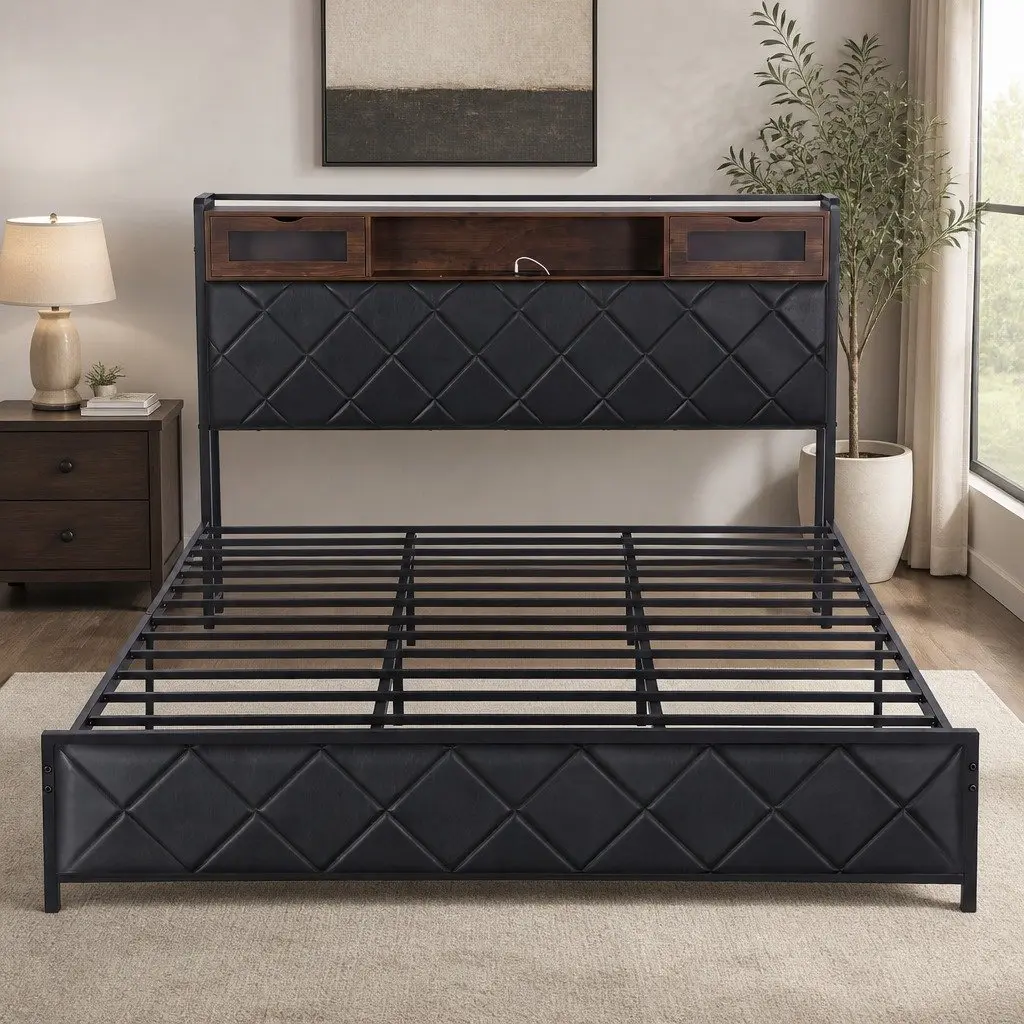King Bed Frame with LED Lights and Charging Headboard