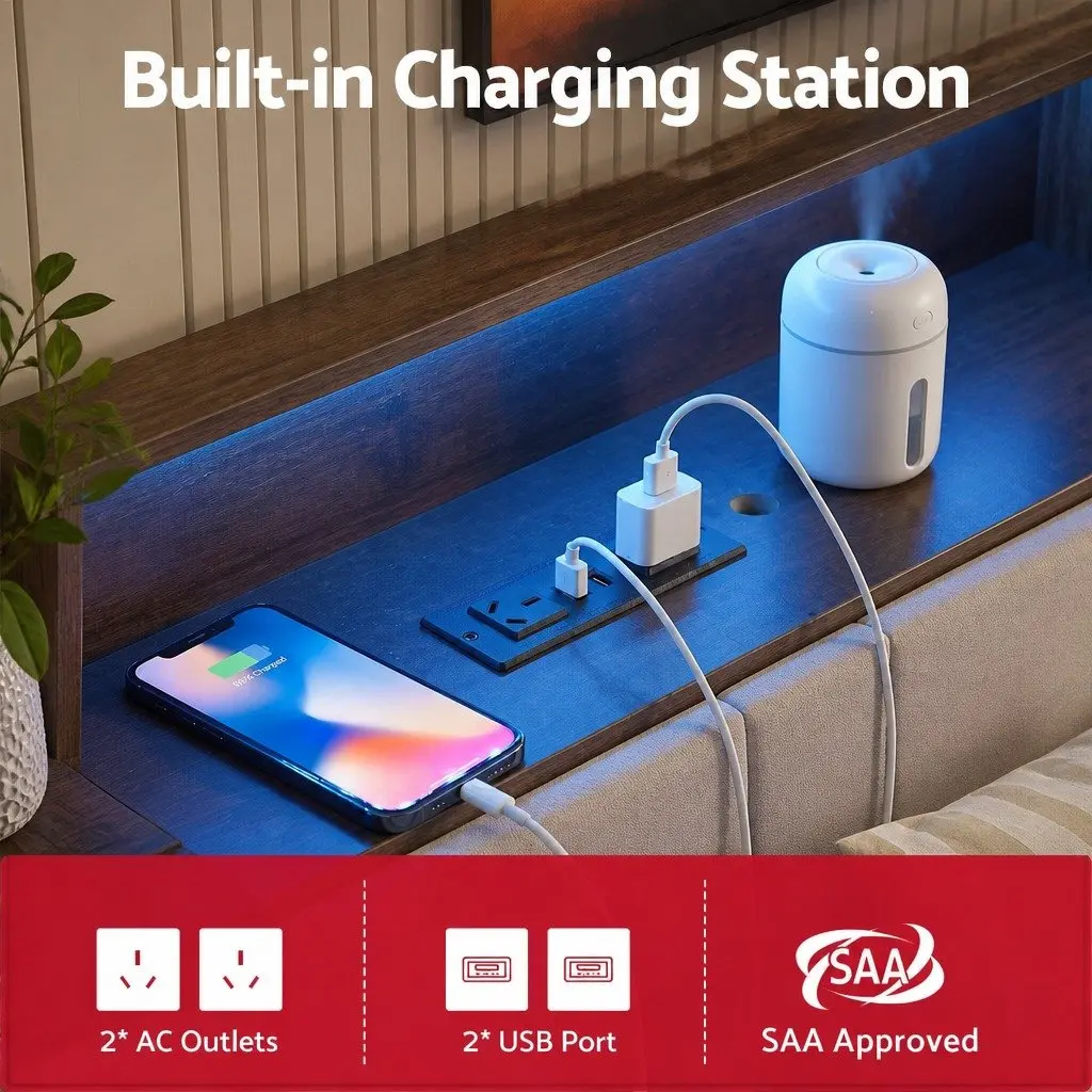 King Bed Frame with LED Lights and Charging Headboard