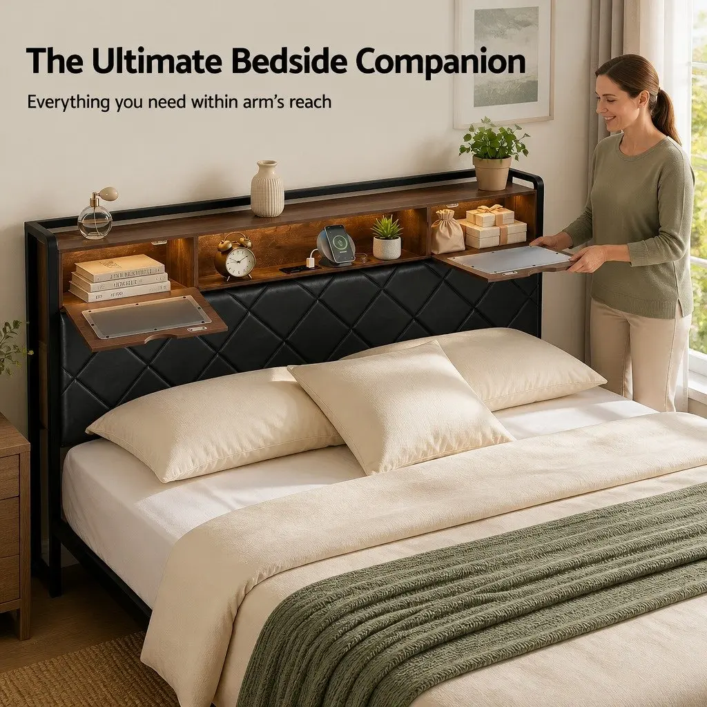 King Bed Frame with LED Lights and Charging Headboard