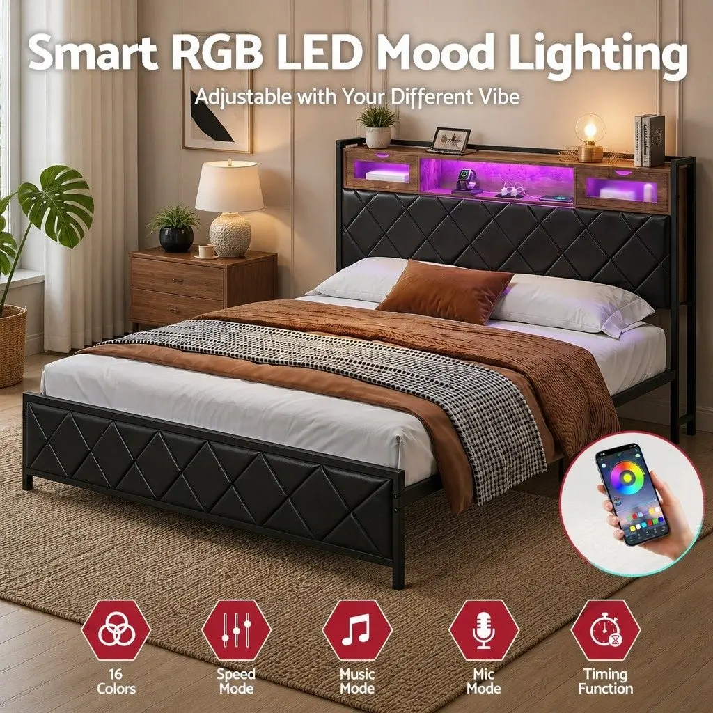 King Bed Frame with LED Lights and Charging Headboard