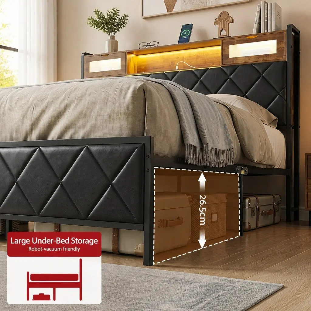 King Bed Frame with LED Lights and Charging Headboard