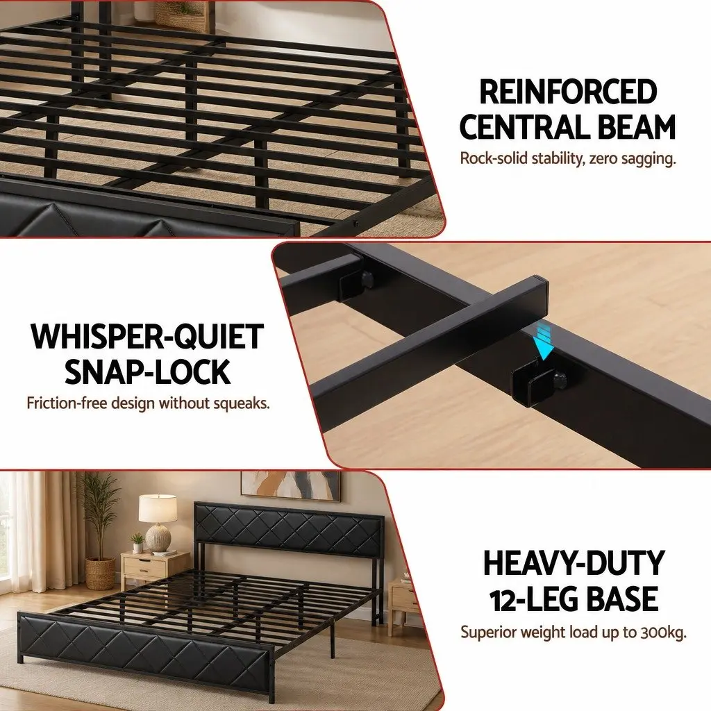 King Bed Frame with LED Lights and Charging Headboard