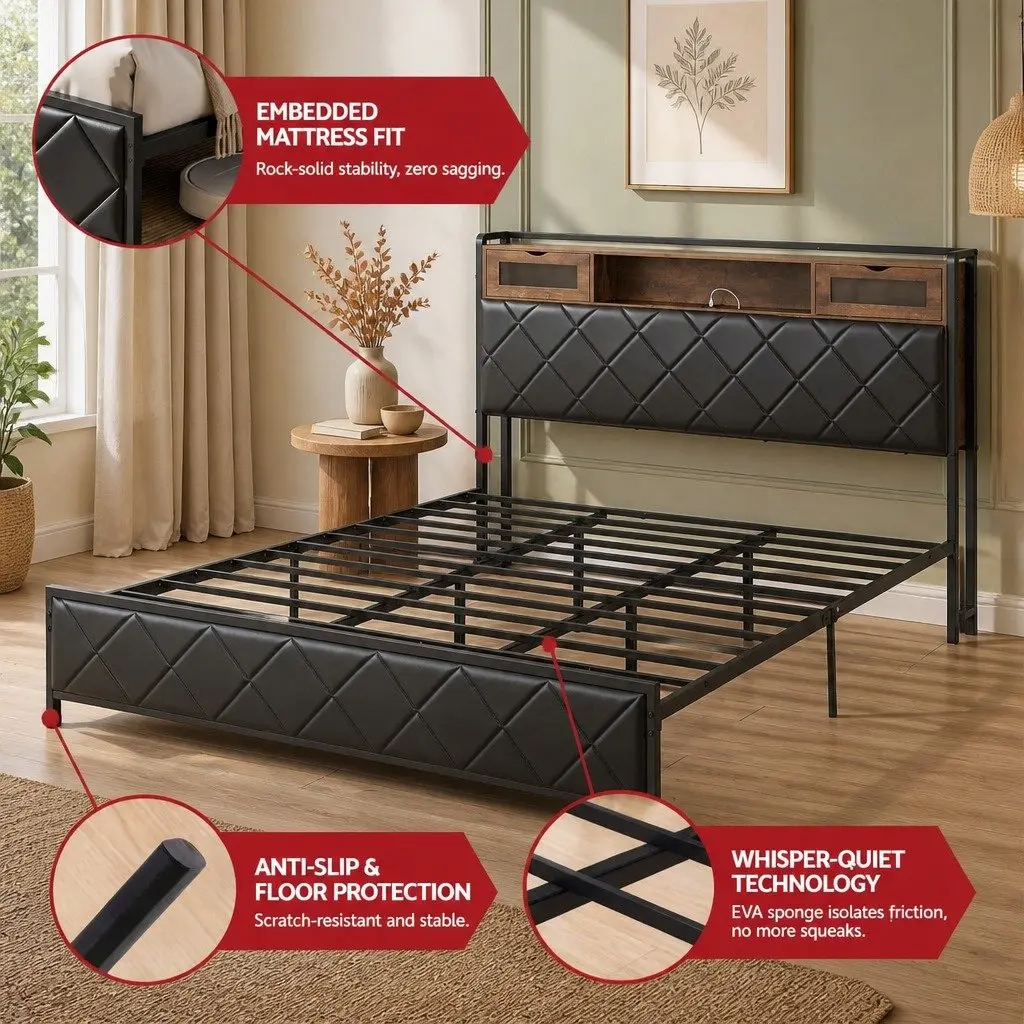 King Bed Frame with LED Lights and Charging Headboard