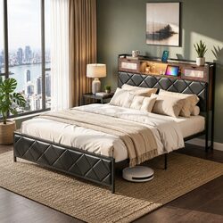 Queen Bed Frame with LED Lights Storage Headboard USB Charging Station Black