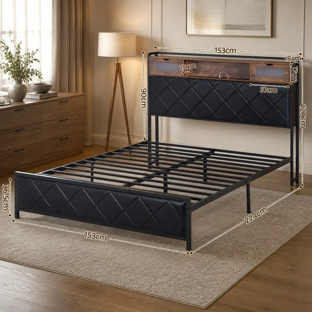 Queen Bed Frame with LED Lights & Storage Headboard