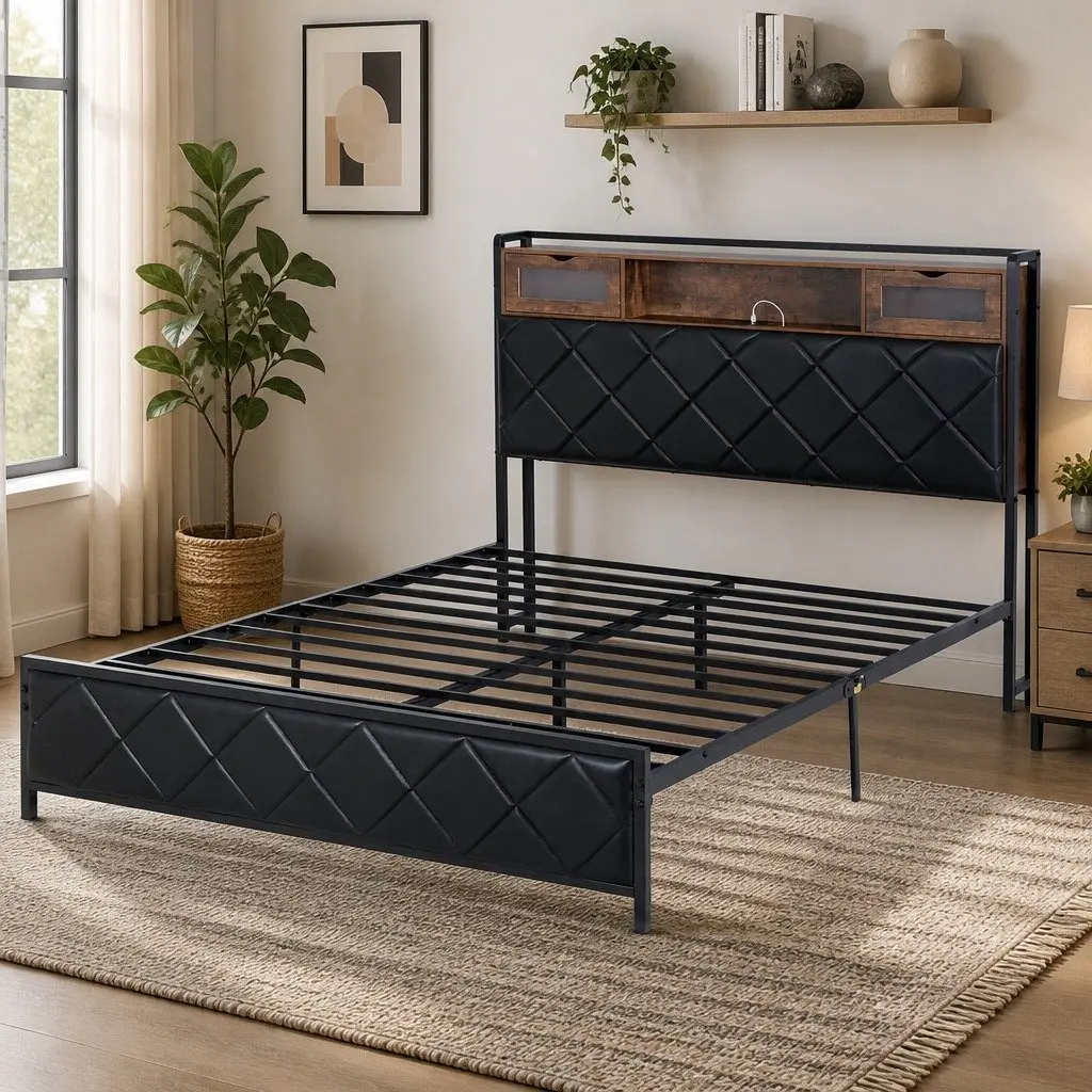 Queen Bed Frame with LED Lights & Storage Headboard