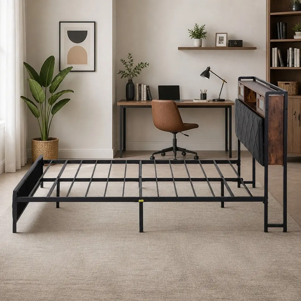 Queen Bed Frame with LED Lights & Storage Headboard