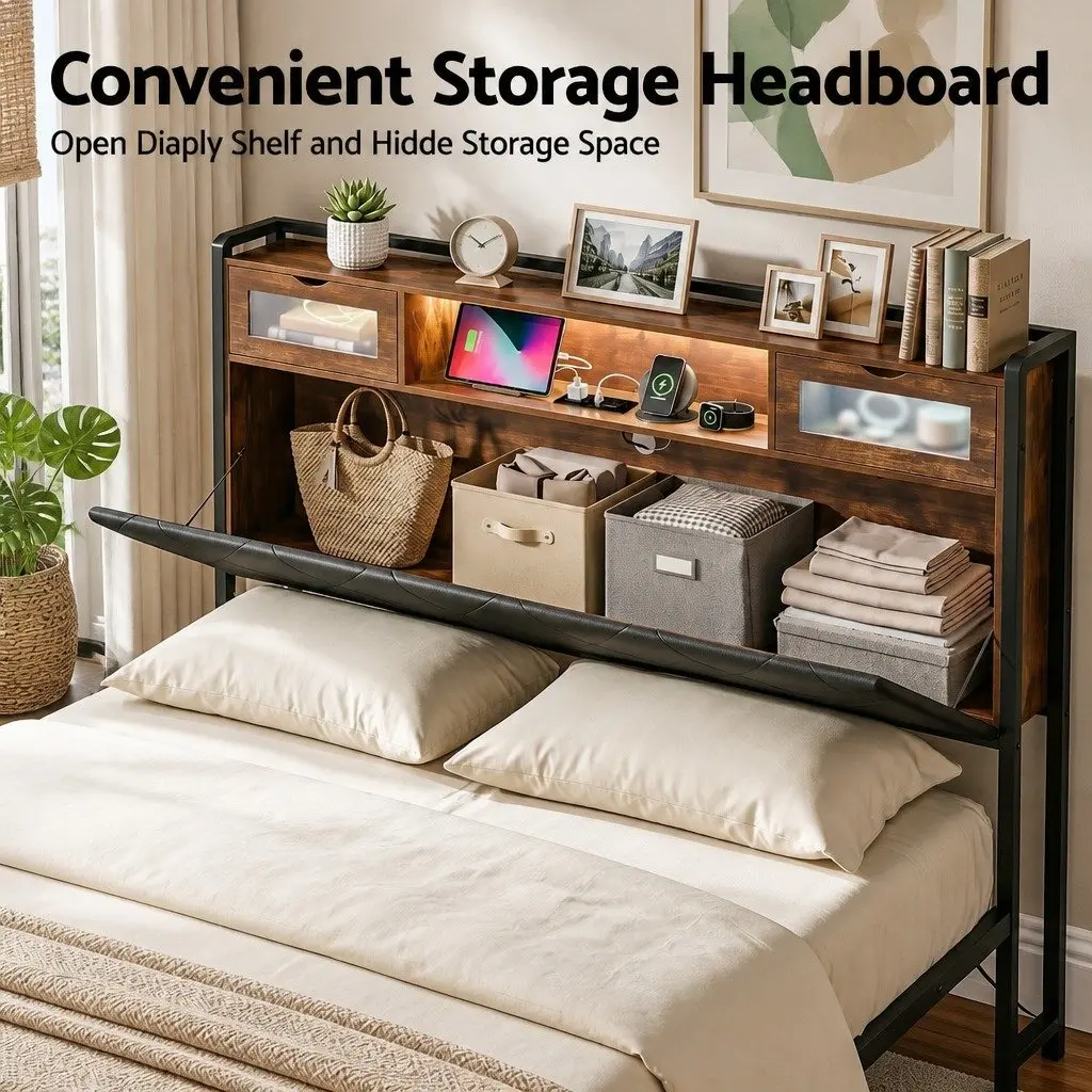 Queen Bed Frame with LED Lights & Storage Headboard