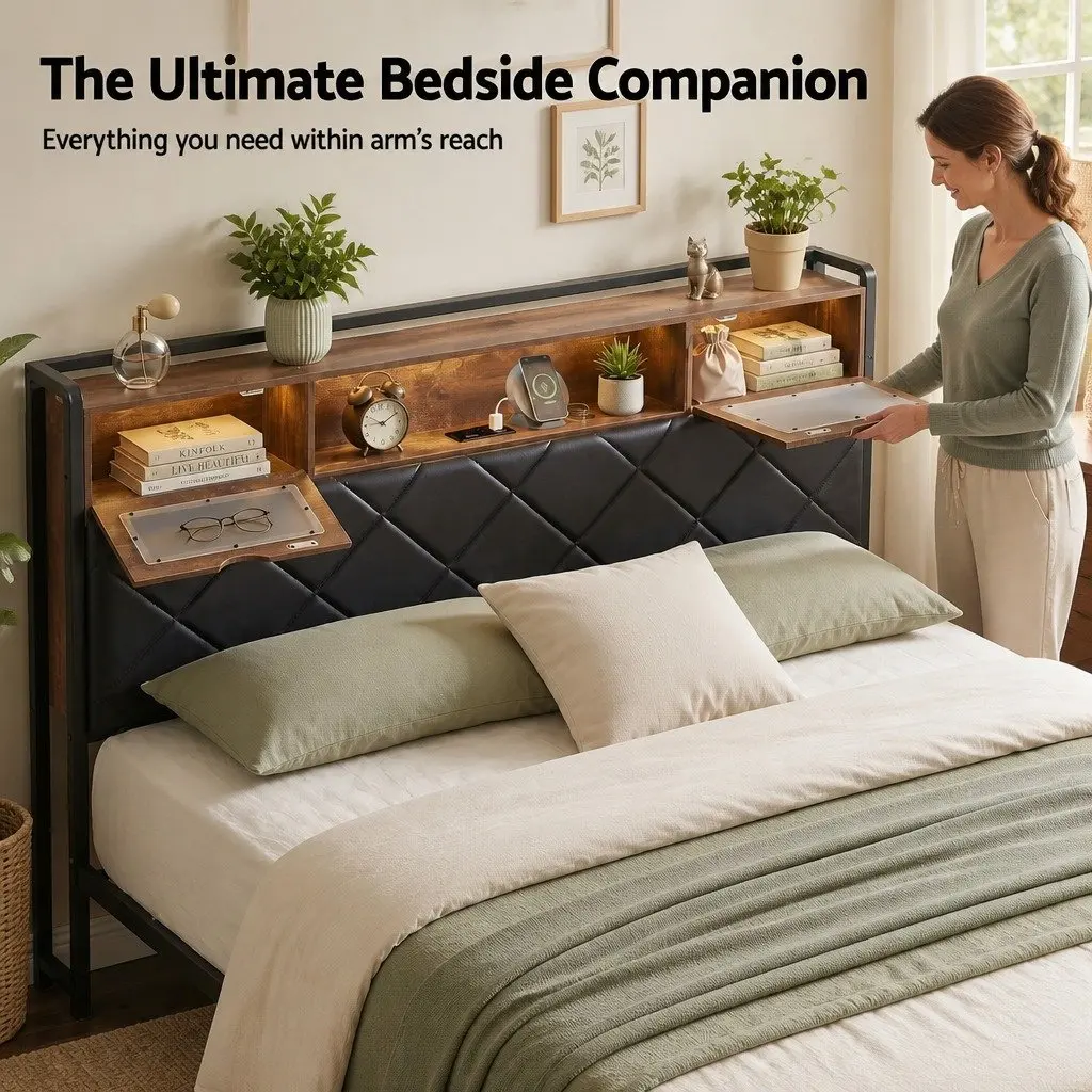 Queen Bed Frame with LED Lights & Storage Headboard