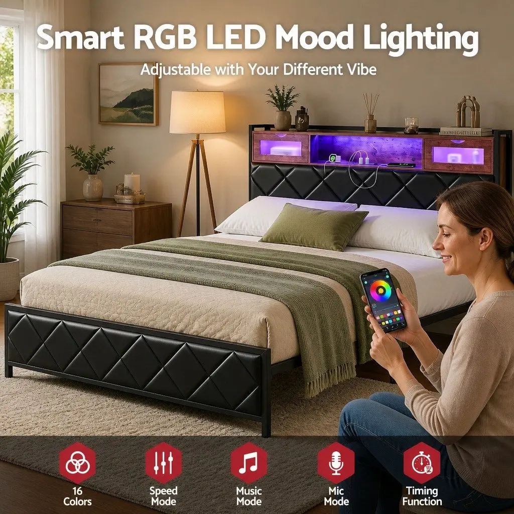 Queen Bed Frame with LED Lights & Storage Headboard