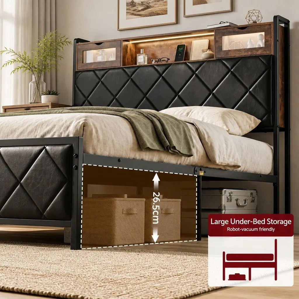 Queen Bed Frame with LED Lights & Storage Headboard