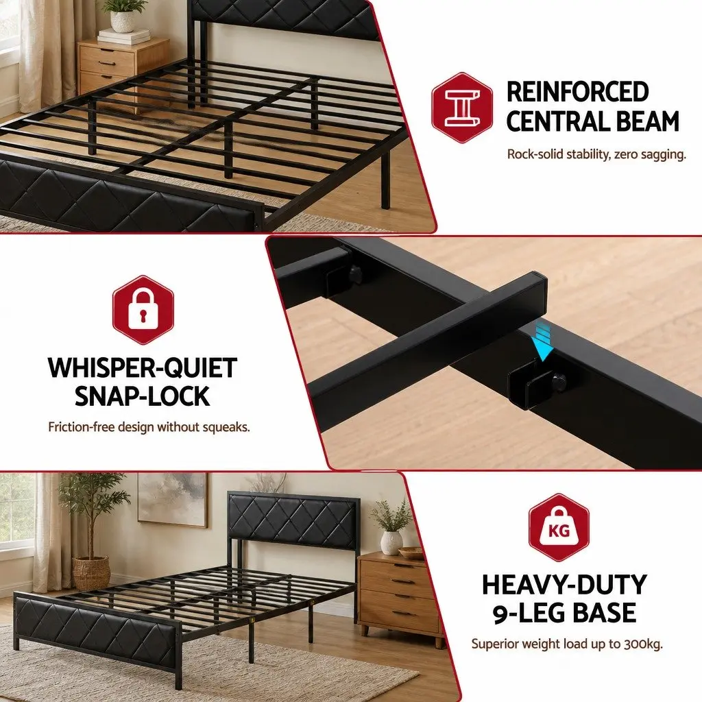 Queen Bed Frame with LED Lights & Storage Headboard