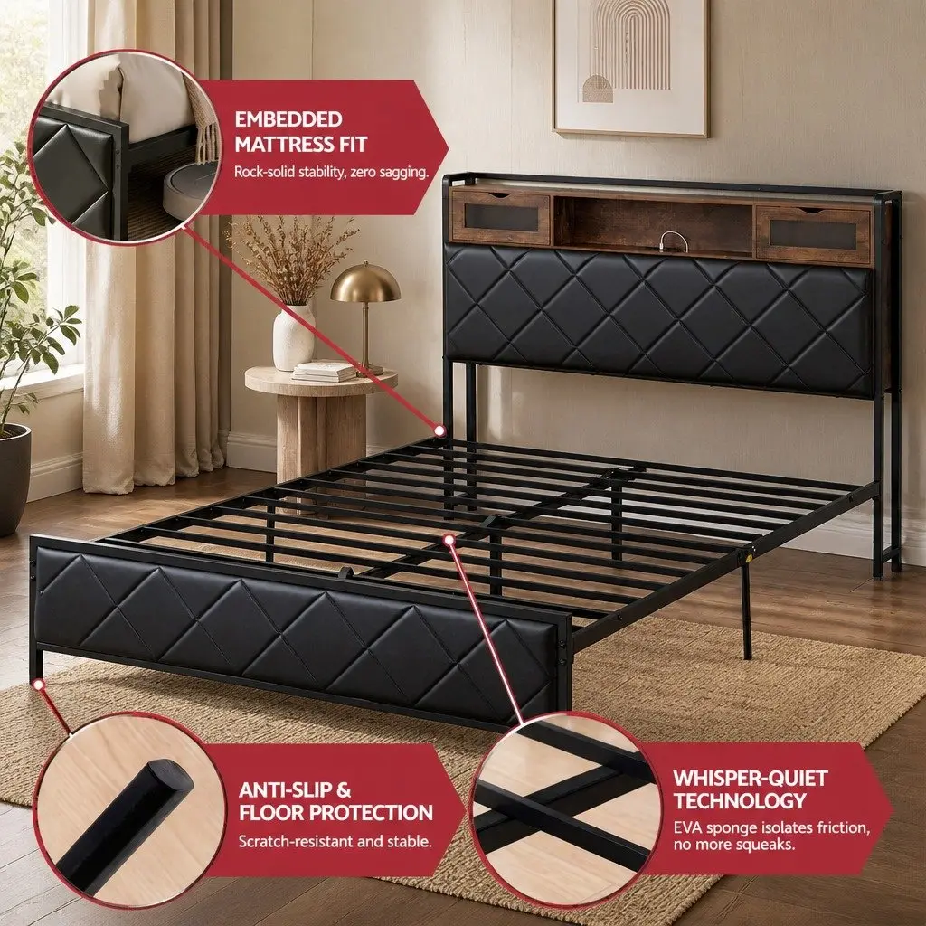 Queen Bed Frame with LED Lights & Storage Headboard