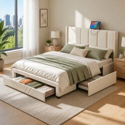 Double Bed Frame with Charging Station Storage Drawers Beige Upholstered