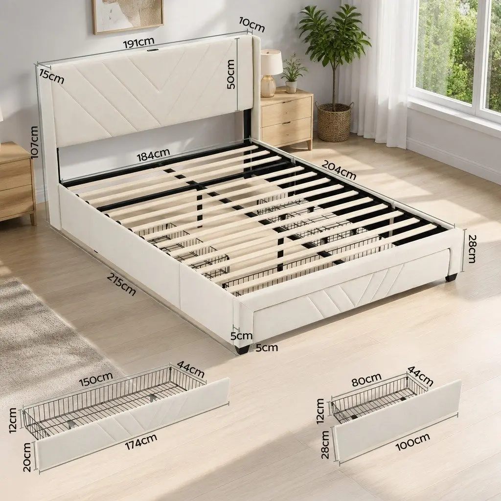 King Bed Frame Upholstered Beige 191x215x107cm with Charging Station and Storage Drawers