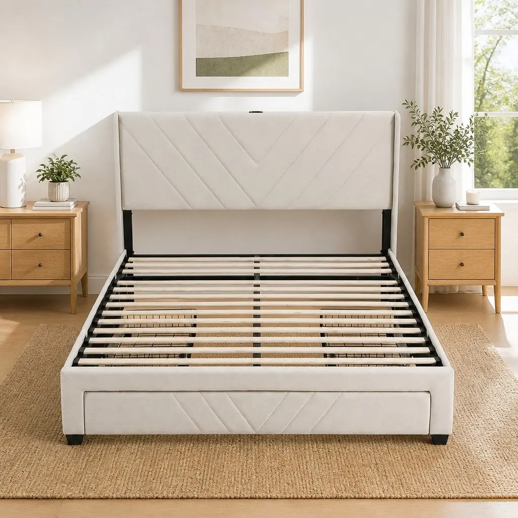King Bed Frame Upholstered Beige 191x215x107cm with Charging Station and Storage Drawers