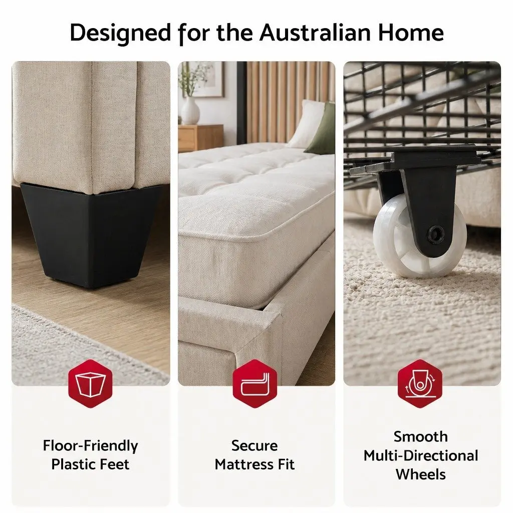 King Bed Frame Upholstered Beige 191x215x107cm with Charging Station and Storage Drawers