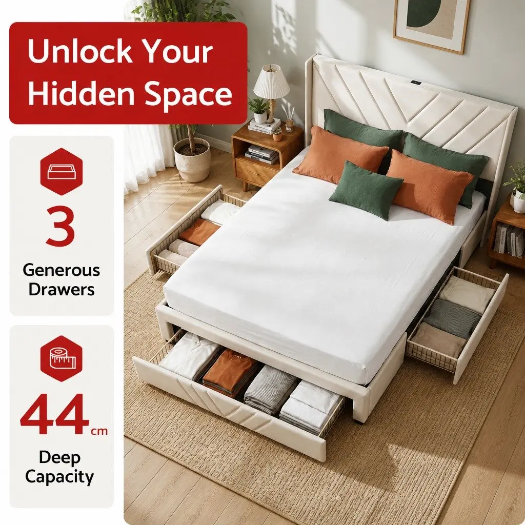 Queen Bed Frame Upholstered Faux Linen Beige 161W x 215L x 107H cm with Charging Station Storage Drawers 300KG Capacity