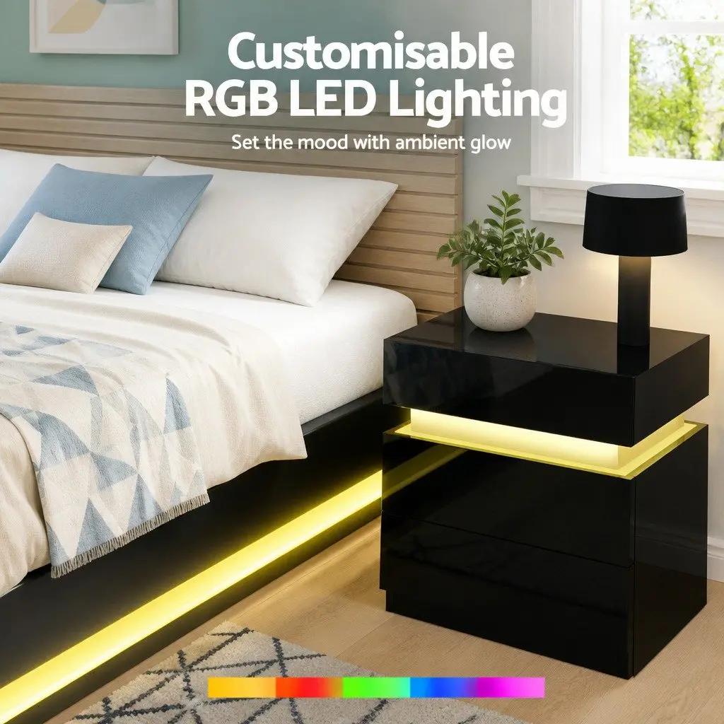 Queen Bed Frame with LED Bedside Tables and RGB Mood Lighting