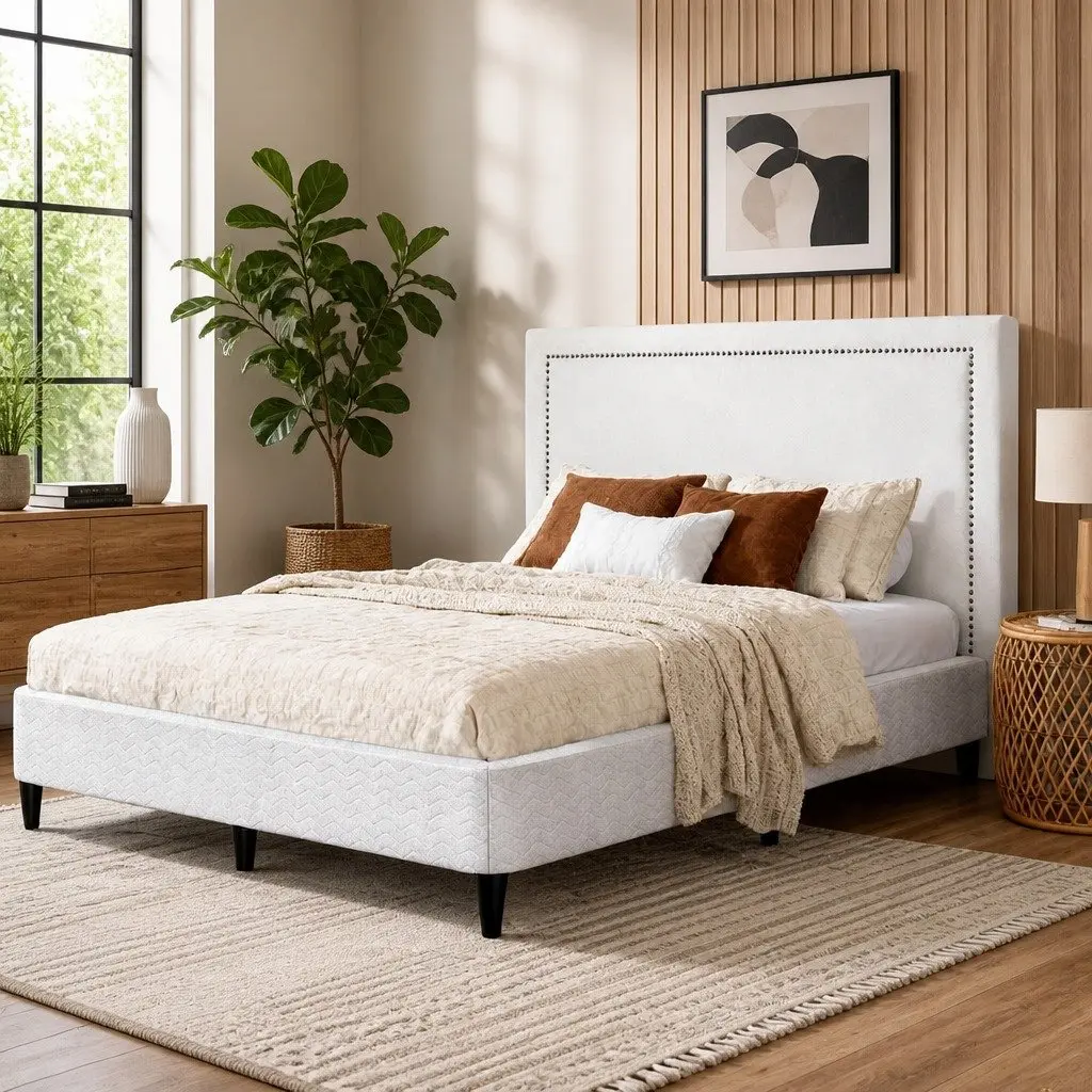 Queen Bed Frame with Fabric Headboard and Storage