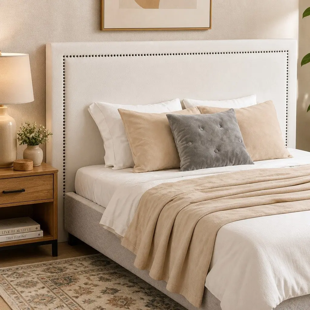 Queen Bed Frame with Fabric Headboard and Storage