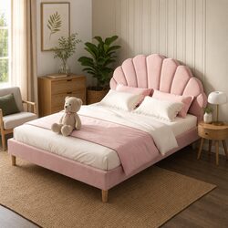 Sturdy Double Bed Frame and Round Table Set in Pink Velvet