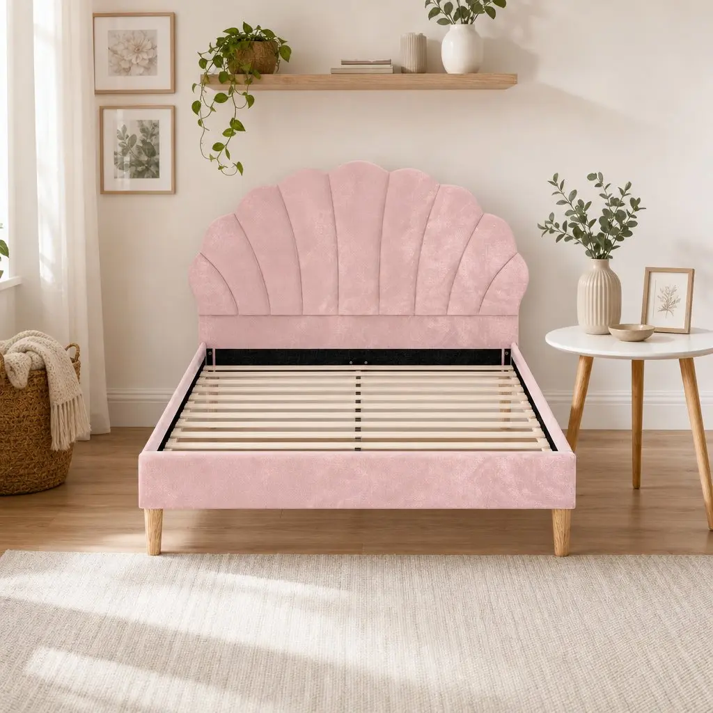 Double Bed Frame Pink Velvet Round Coffee Table White Top