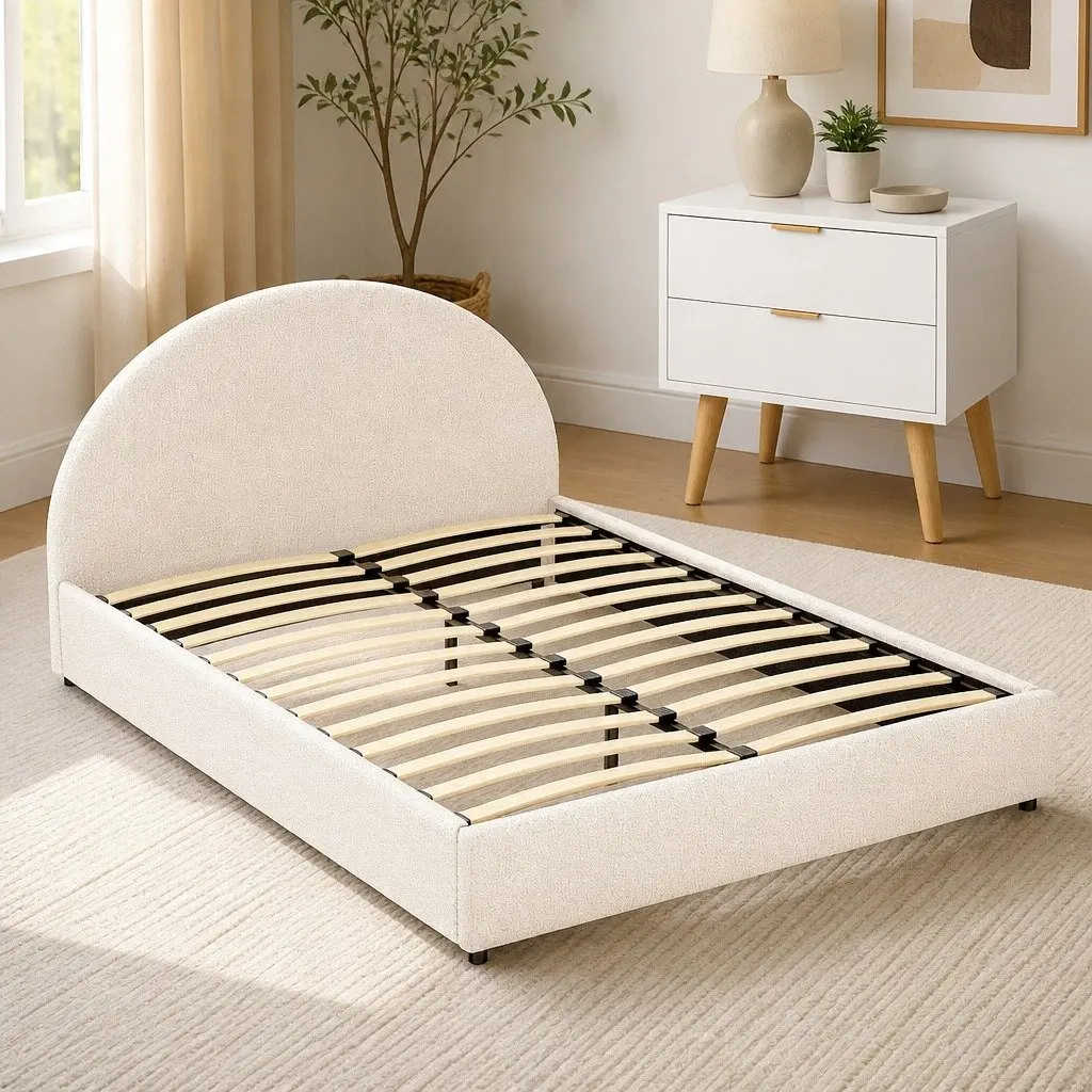 Queen Bed Frame Boucle Upholstered Beige with Bedside Table White and Pine 9 Piece