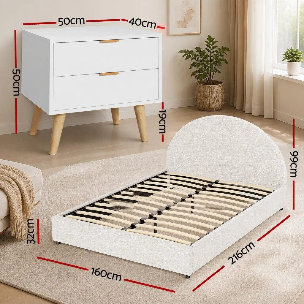 Queen Bed Frame Boucle Upholstered Beige with Bedside Table White and Pine 9 Piece