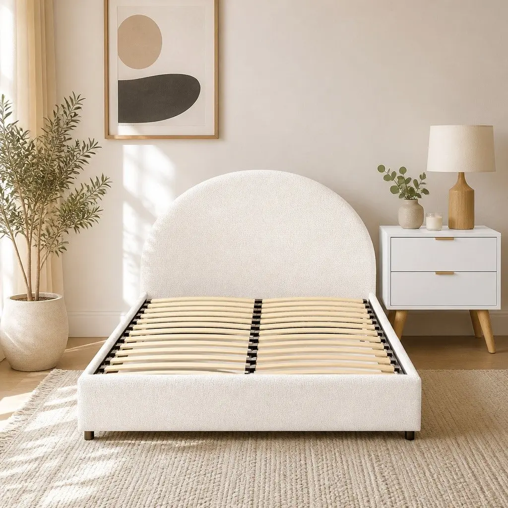 Queen Bed Frame Boucle Upholstered Beige with Bedside Table White and Pine 9 Piece